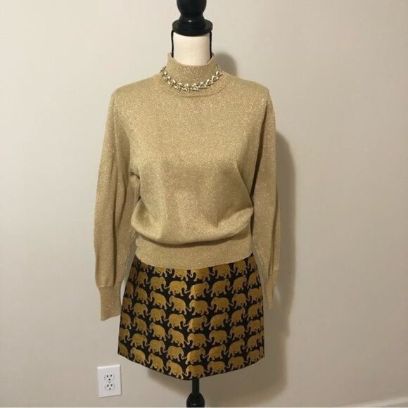 J Crew Womens Skirt Size 0 Elephant Print Gold Black Mini Brocade - Picture 3 of 9